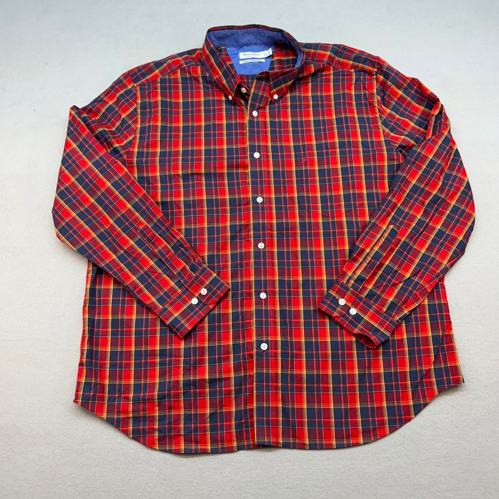 Nautica Mens XXL Red Plaid Button Down Shirt Classic Fit Wrinkle Resistant